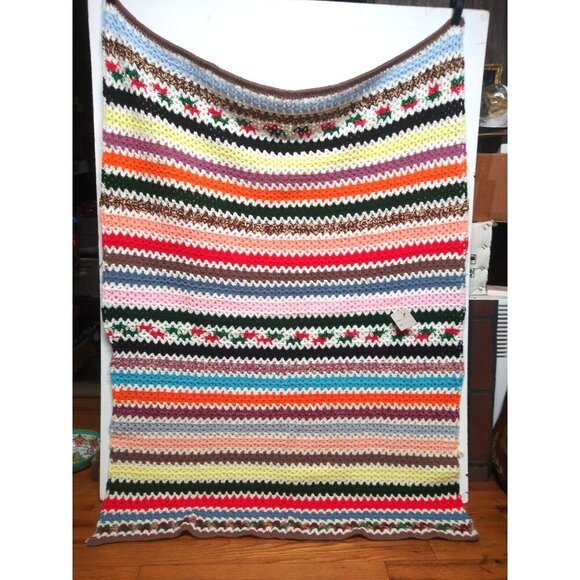 Hand Knit Afghan Fringe Multicolor Striped Throw Blanket 60.5" x 43.5"